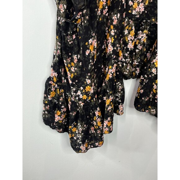 American Eagle Boho Floral Ruffle Kimono Cardigan One Size Black Pink - Picture 12 of 16